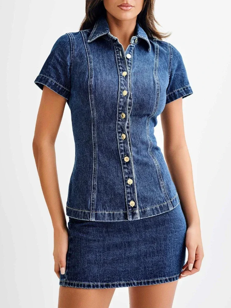 

BluWin Summer Dress Sets Elegant Fashion Women Short-sleeve Solid Color Denim Button Collared Shirt High-waist Short Skirt Suit