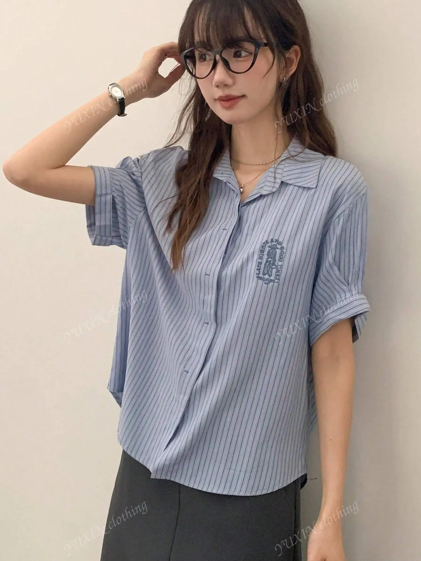 

Women Fashion Vertical Striped Embroidered Shoulder Short Sleeve Blouse Shirt Ladies POLO Collar Loose Casual Blouse Shirt
