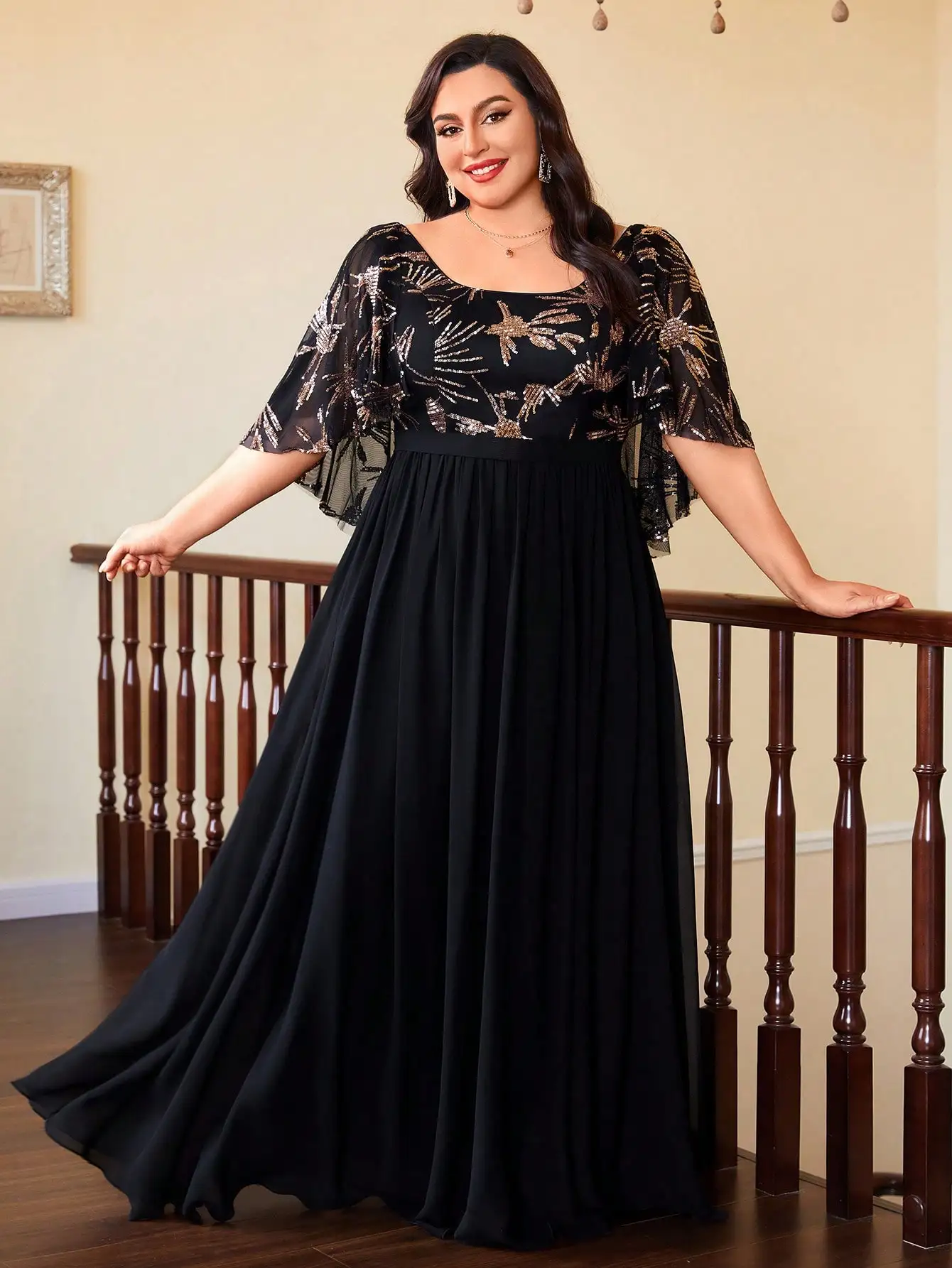 فستان Mgiacy طويل برقبة دائرية وترتر رائع وشالات وأكمام وحاشية شيفون كبيرة