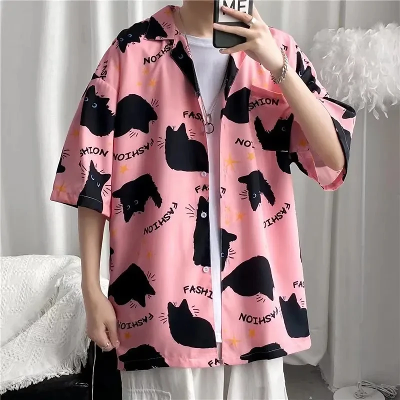 Japan Anime Cartoon Printed Vintage Cargo Shirt Summer New Men Hawaiian Short Sleeve Casual Mens Women Couple Shirts Oversized