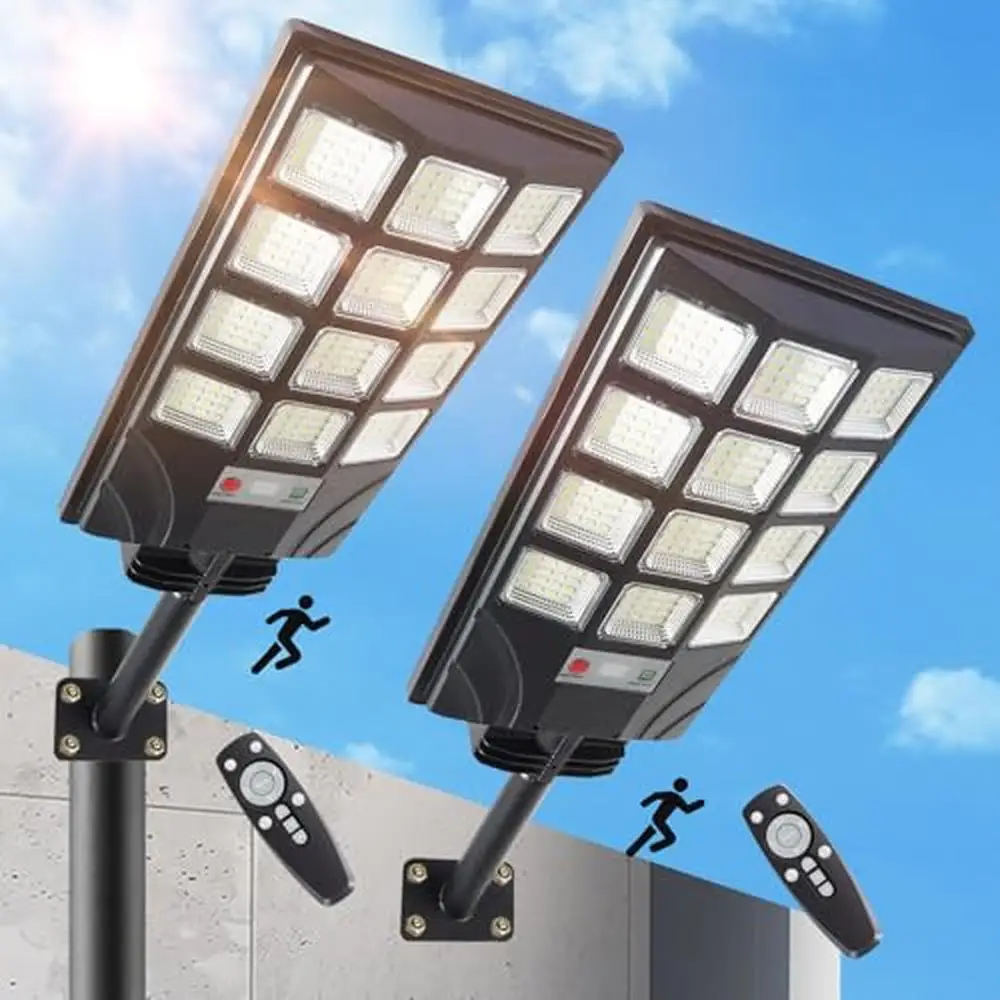 Solar Street Lights 600W 15000LM Dusk to Dawn Parking Lot 192 LEDs Remote Control Waterproof Motion Sensor Time Setting ABS IP65