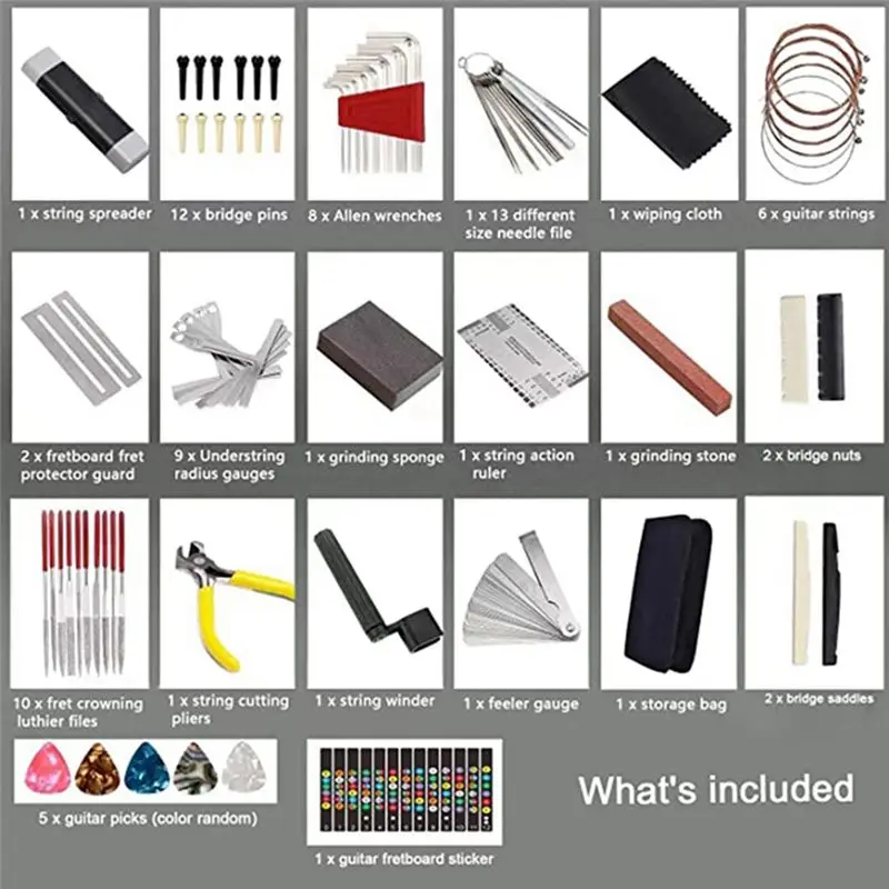 T34C 77 Pieces Guitar Maintenance Kit Repair Tool Set with Tote Bag Acoustic Guitar, Electric Guitar, String Instruments