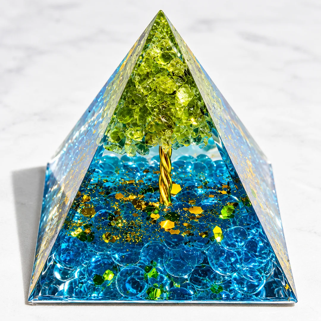 Orgonite Pyramid Tree of Life Natural Green & Blue Crystal Chips Copper Wire Energy Generator for Meditation Home Decor Gift