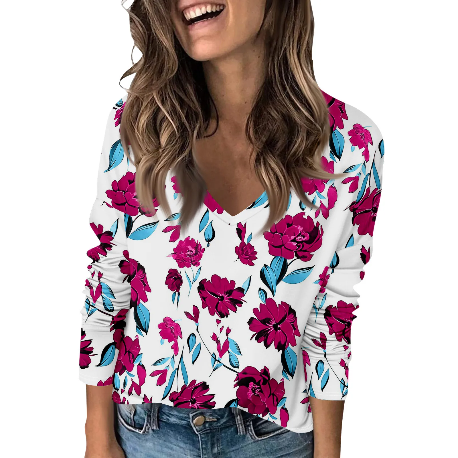 Playeras De Mujeres Dames Modieus Casual Lange mouwen Retro Bloemenprint V-hals Top Dames T-shirts Dameskleding