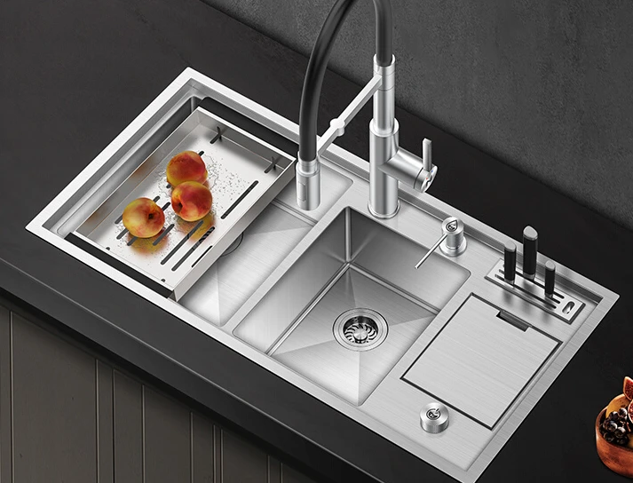 

304 stainless steel large double sink kitchen trough with trash can embedded in the tool rest hand-washed double basin.