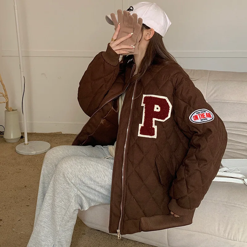 Women's American Retro Quilted Pattern Baseball Cotton Coat Winter Korean Loose Fit Preppy Style Letters Embroidery Parkas