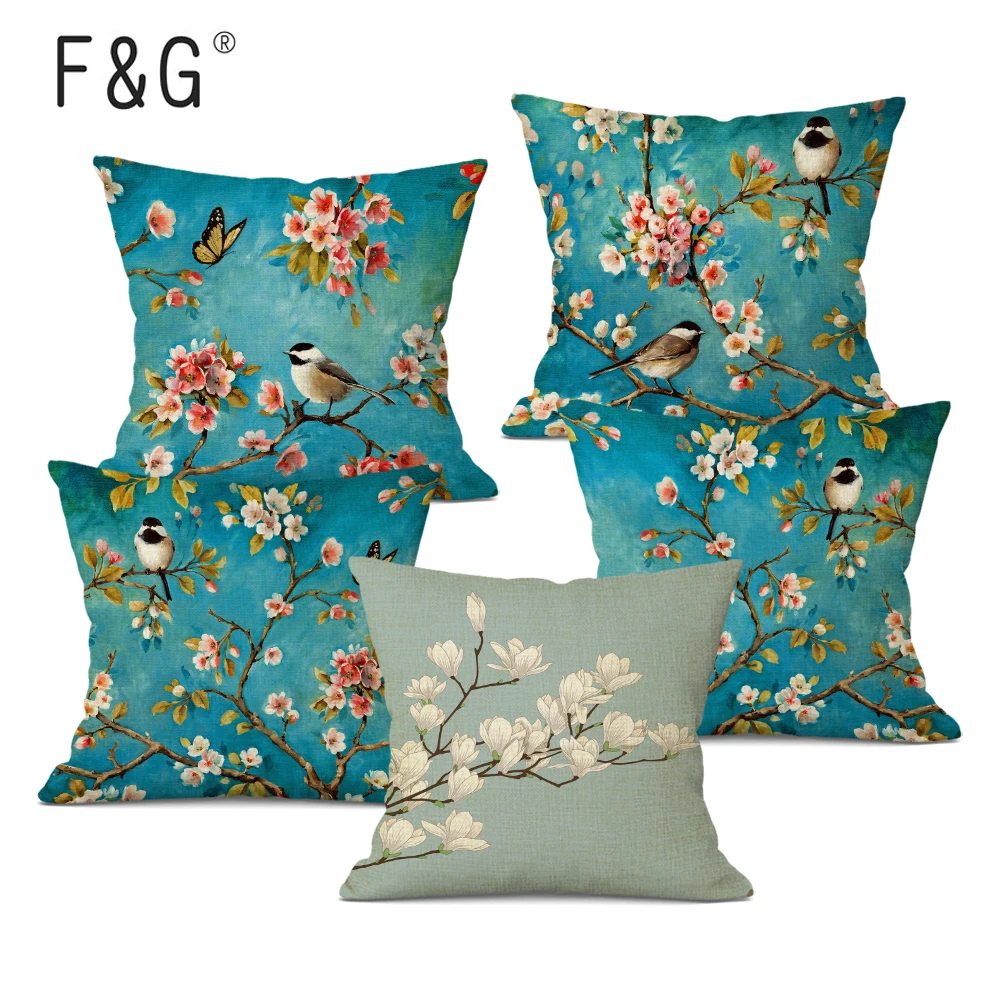 Funda de cojín de flores de acuarela, funda de almohada decorativa de sofá de flores transparentes, pájaro Vintage, azul y rosa, 45x45cm