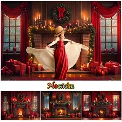 Mocsicka Red Christmas Fireplace Backdrop Photography Festival Party Kids Adult Family Photo Background Window Wreath Decor Prop