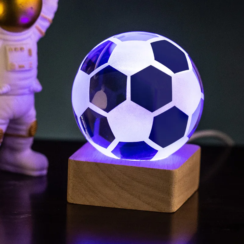 1pc 3D Soccer Atmosphere Lamp Crystal Ball Table Decorative Beech Wood Base Creative Night Light Gift for Friends