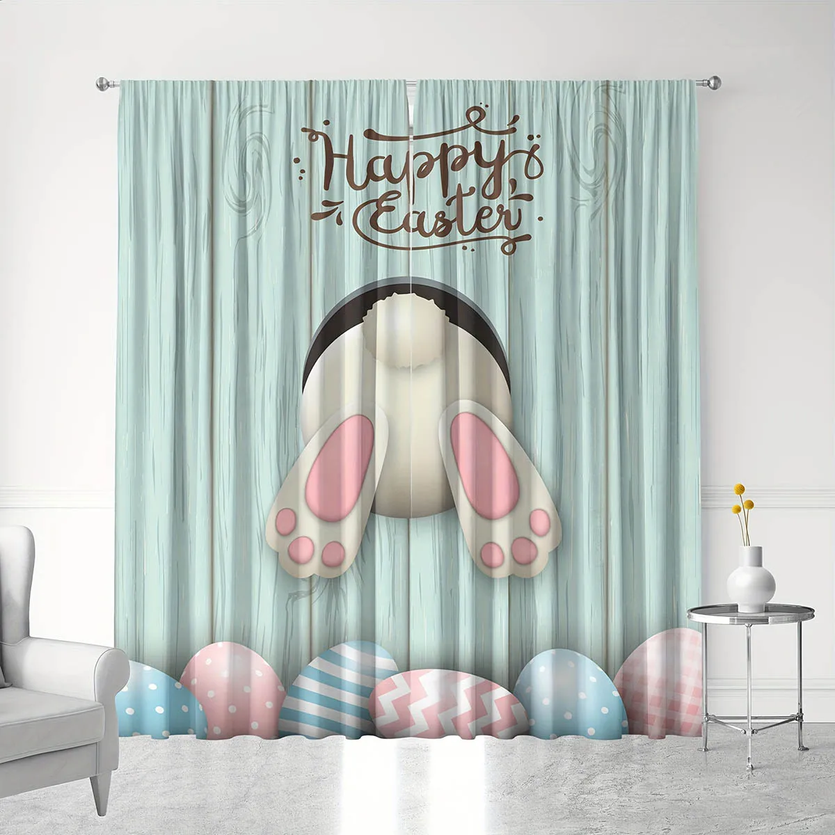 

Cartoon Rabbit Colored Eggs Easter Decoration Curtain Rod Pocket Bedroom Living Room Dining Room Children's Room Curtain 2 Pcs