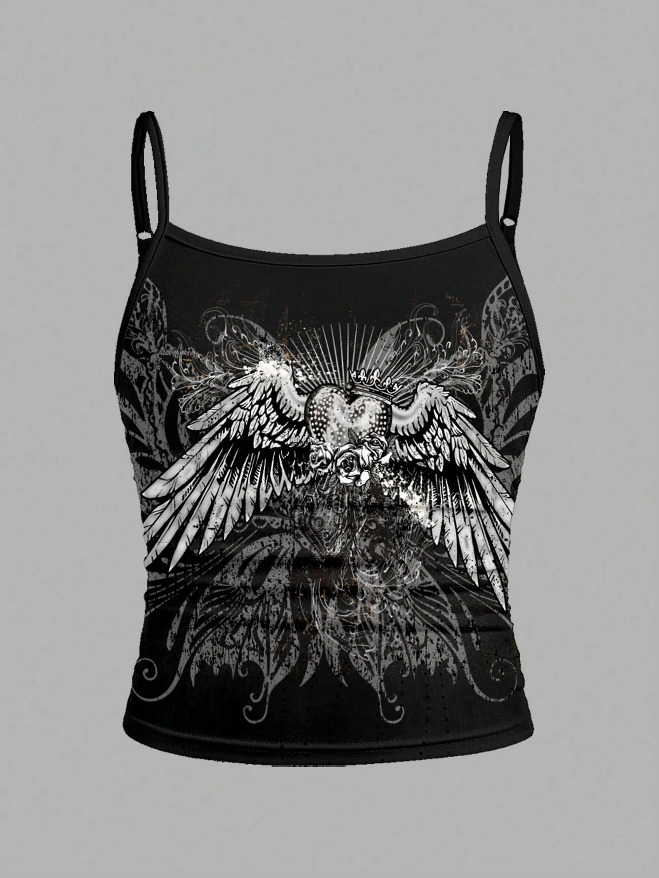 Y2K Gothic Crop Top mit Flügel-, Herz- und Kreuz-Print, Baby-T-Shirt, Vintage Slim Fit Kurzarm-T-Shirt – Detail 5
