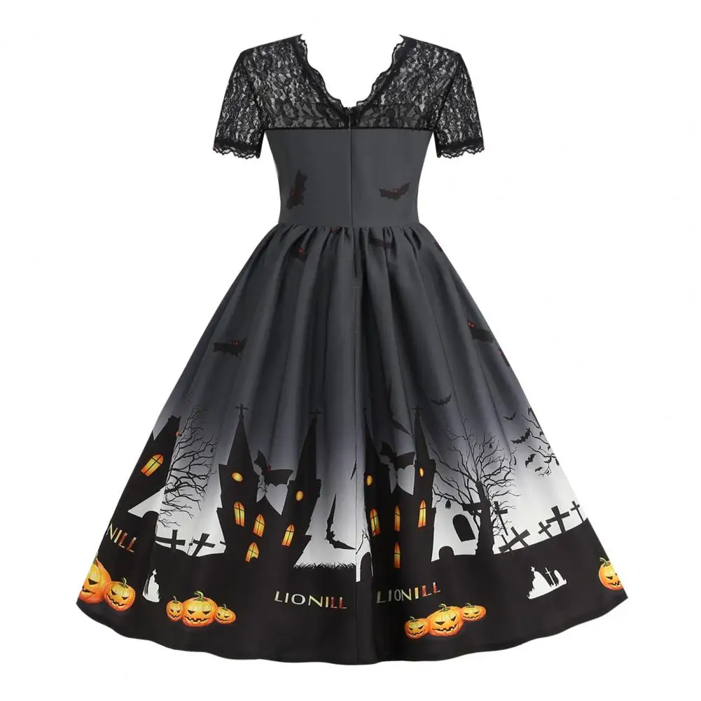 Women Dress Lace Halloween with Bat Print Retro A-line Style Big Hem for Cosplay Evening