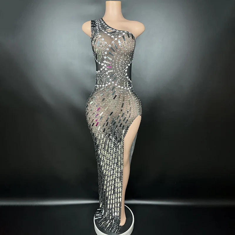 

2025 Fashion Sleeveless Dress For Female Singer - Single Rotator Sleeve Flash Diamond Irregular Slant Shoulder, Spice Girl Style