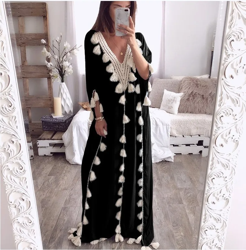 Women Loose Tassel Ruffer Long Dress Elegants Caual Short Sleeve Beach Dress Spring Summer Spring Muslim Moroccan Kaftan Dress