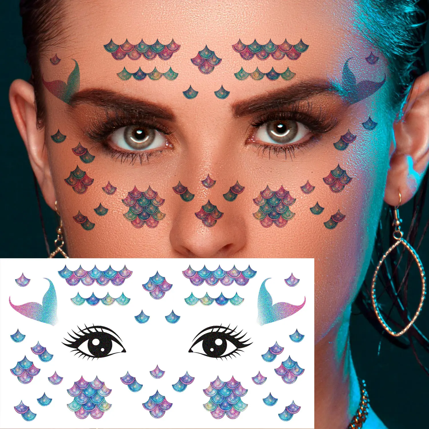 8 أوراق حورية البحر الموازين الوجه بريق ملصقات الوشم المؤقت سباركلي الملونة العين الجبين الفن ماكياج تصميم الموازين وهمية
