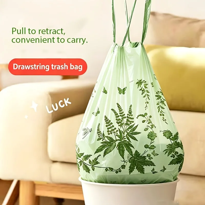 1 Roll 32Pcs Mint Green Butterfly Plant Print Drawstring Garbage Bags, Continuous Roll Design, Tear‑Free Pull‑Out Plastic Handle