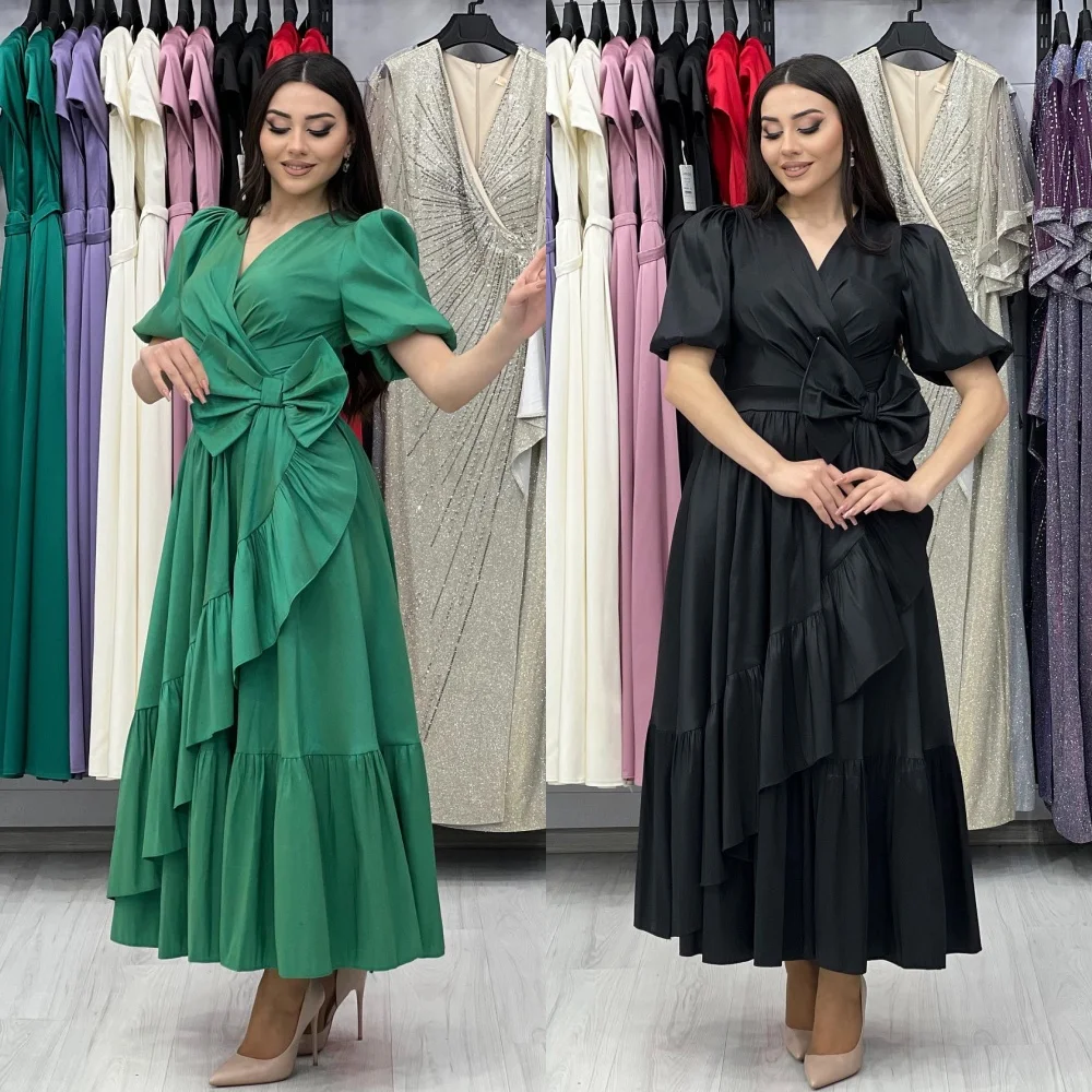 Jersey arco ruched cocktail festa a linha com decote em v vestido de ocasião sob medida vestidos midi