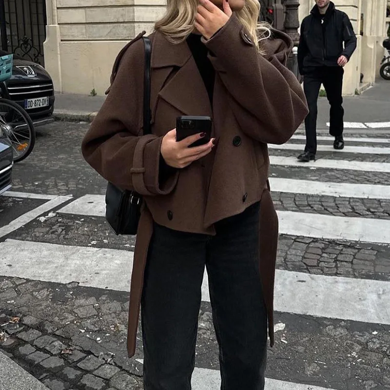 

2025 Brown Double Breasted Wool Coat Office Women's Retro Lapel Short Jacket Loose Solid Autumn Winter Coat Female Outfits 2025