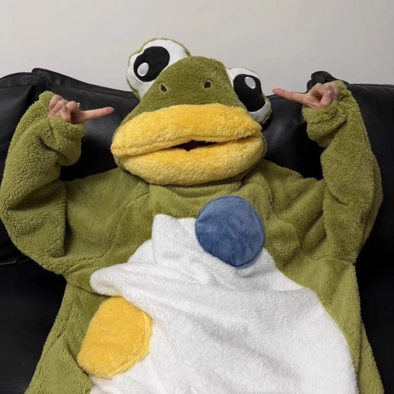 

Пижама-комбинезон «Большеглазая лягушка» из кораллового флиса, утолщенная, теплая, для мужчин и женщин, парная, забавная, осенне-зимняя, домашняя одежда для отдыха