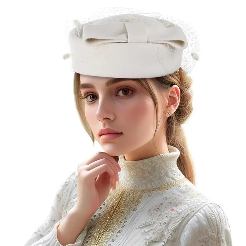 Fascinator Hat British Veil Wool Pillbox Hat For Ladies Elegant Veil Fascinator Derby Hat For Church Tea Party Wedding Christmas