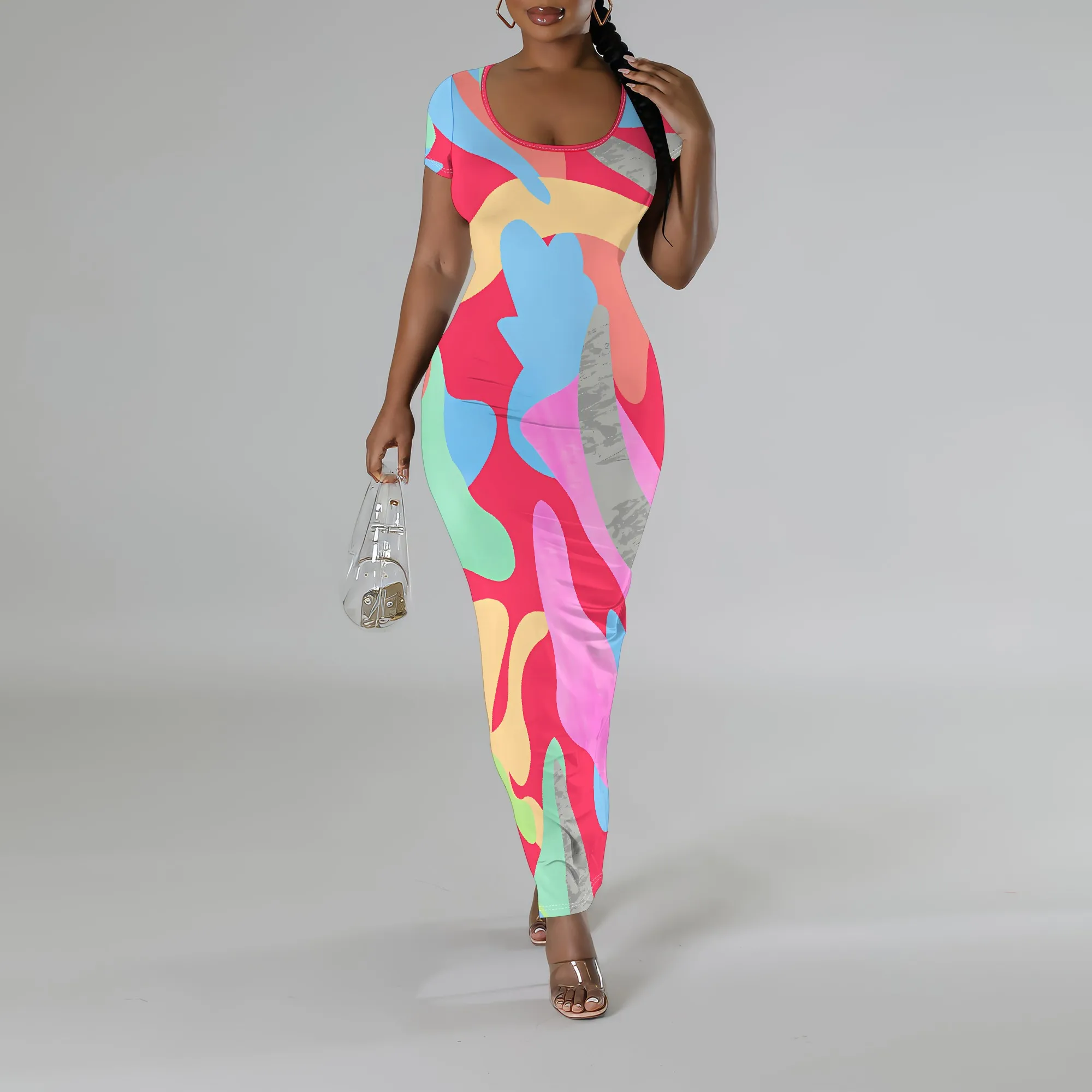 

Bright Color Patchwork Print Bodycon Maxi Dress Women Summer Short Sleeve Casual Holiday Dress