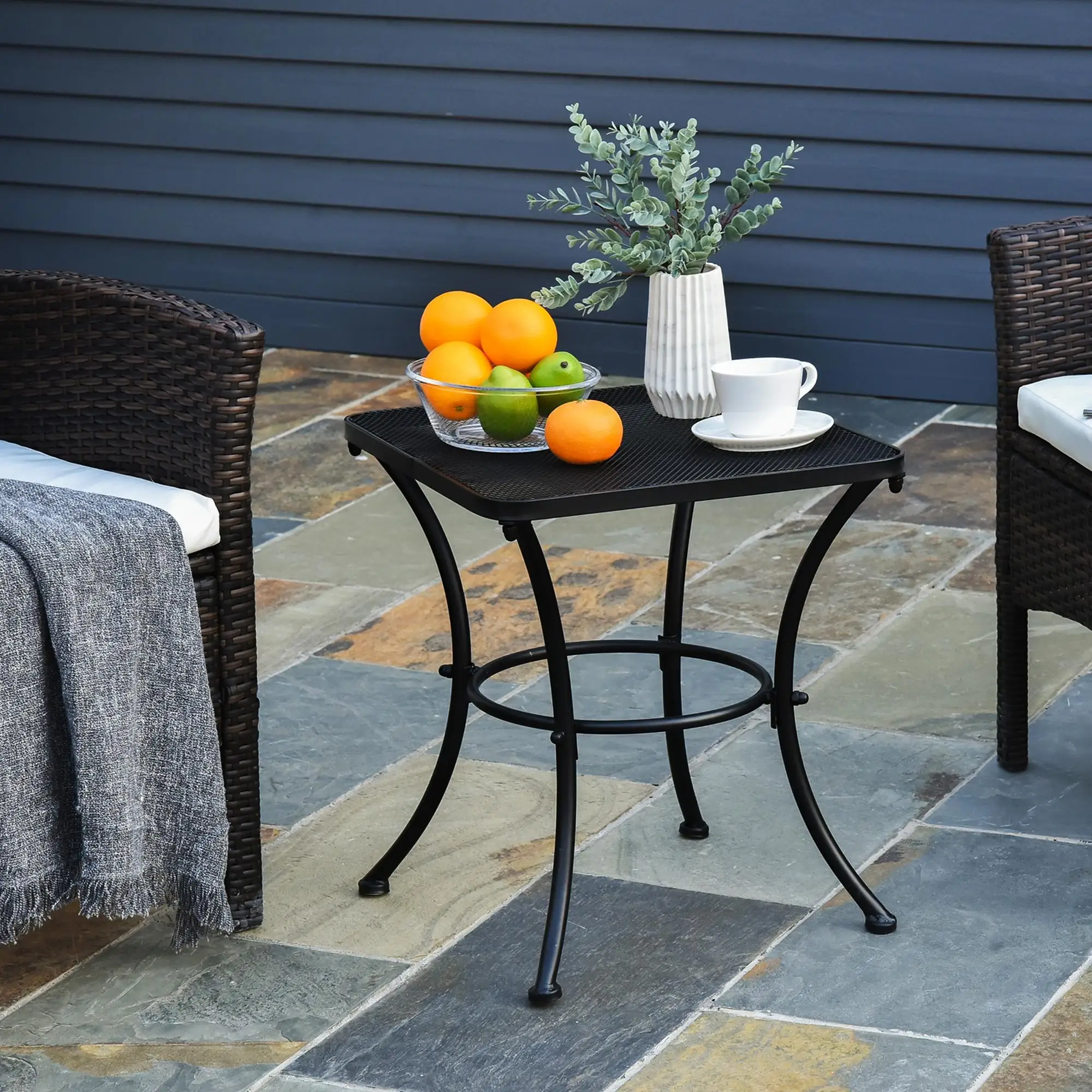 Mesa Auxiliar/Mesa de Jardín Rectangular de 45 x 45 x 50 cm, Resistente a la Intemperie, Estilo Malla, Mesa de Balcón, Mesa de Camping de Metal, Apta para Sala de Estar/Oficina/Exterior/Interior, Negra