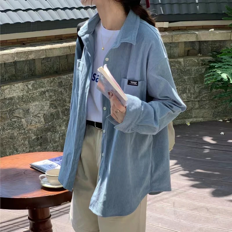 

Свободная длинная вельветовая рубашка унисекс для осени и зимы в японском стиле с воротником и пуговицами