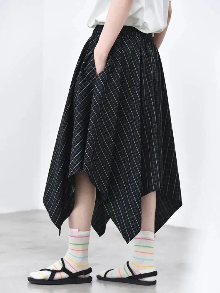 High Elastic Waist Black Plaid Irregular Hem A-line Half-body Skirt Women Fashion Tide New Spring Autumn