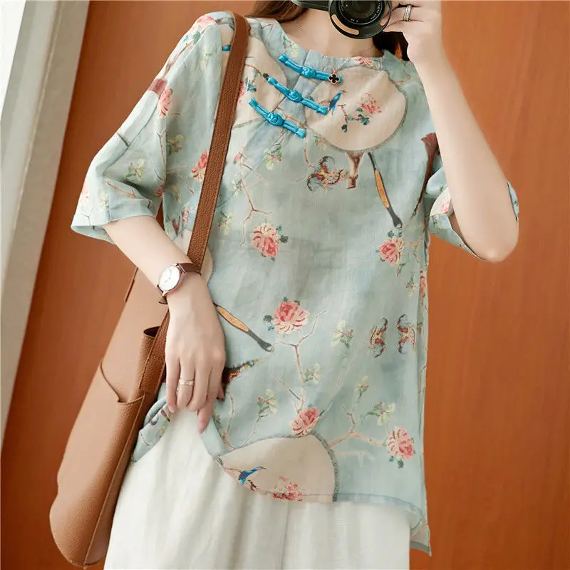 Retro Traditional Clothing Chinese Elegant Women's Shirt Retro Style Pullover Ladies Summer Exquisite Stand Collar Oriental Top