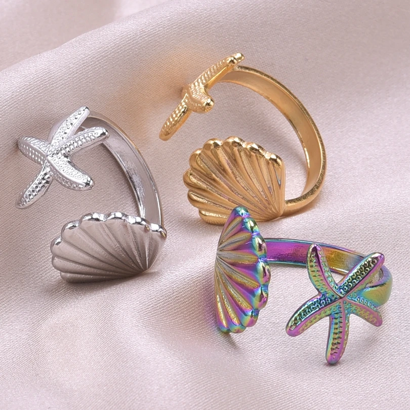 1/2pcs Mix Marine Animal Ring Starfish Shell Stainless Steel Rings For Women Men Accessories Fashion Jewelry Finger Bagues Femme