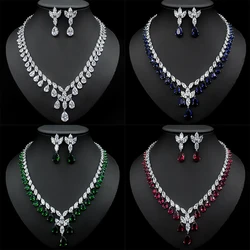 SUGO Exquisite Fashion Minority Water Drop Tassel Zirconia Necklaces Earrings Sets for Elegant Women Wedding Jewelry Collocation