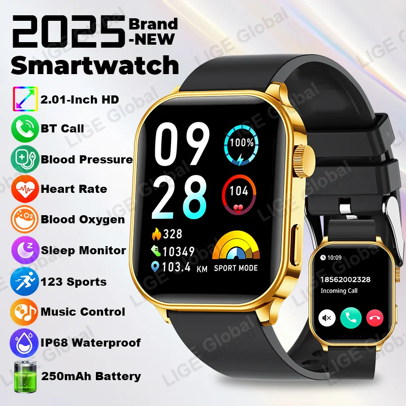 LIGE nuevo reloj inteligente Ultra HD de 2,01 pulgadas para hombres, seguimiento de la salud de la presión arterial, llamada Bluetooth IP68, reloj inteligente deportivo resistente al agua para mujeres