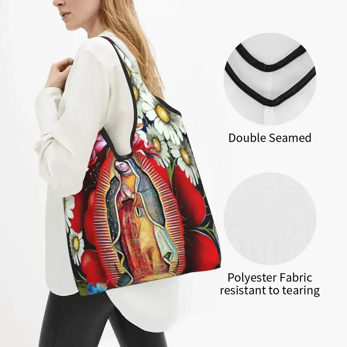 Bolso de compras de nuestra Señora de Guadalupe para mujer, bolsa de mano portátil, Virgen María mexicana, flores de México, Tilma, bolsas de compras de comestibles