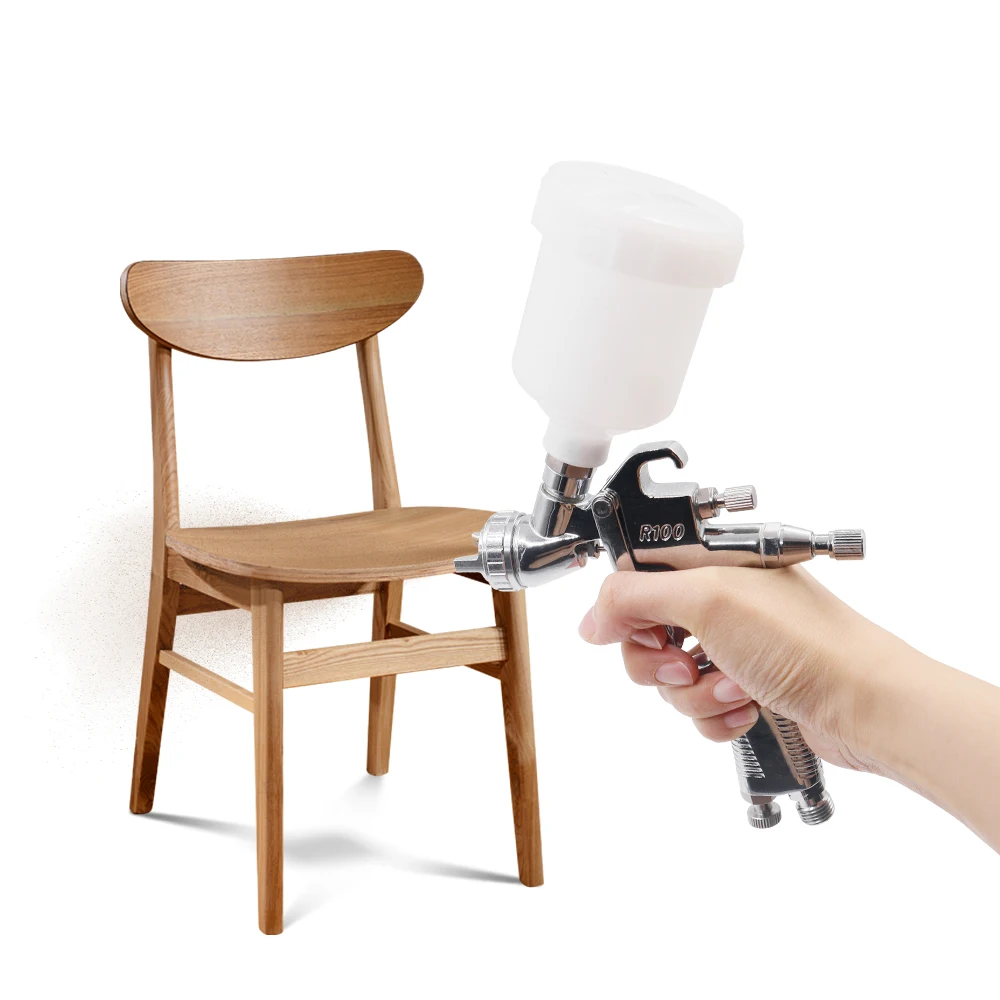 Pistola pneumatica per verniciatura a spruzzo con alimentazione a gravità in alluminio R100 con compressore d'aria e regolatore di pressione