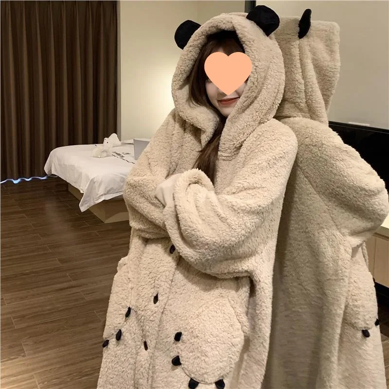 

Новая одежда для сна, зимняя ночная рубашка, халат с карманами для женщин, ночная одежда, теплая пижама, ночная рубашка с капюшоном, домашняя одежда для сна, зимний комплект