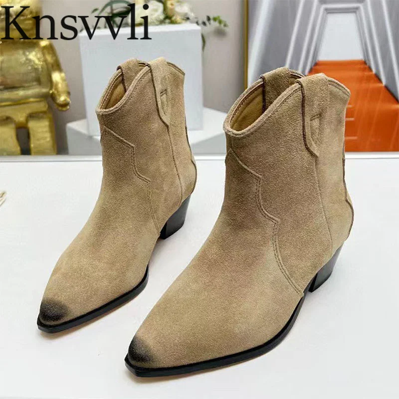 

Luxury Quality Cow Suede Short Boots Women Pointed Toe Ankle Boots Square Heels Shoes Lady Autumn Western Cowboy Boots Woman