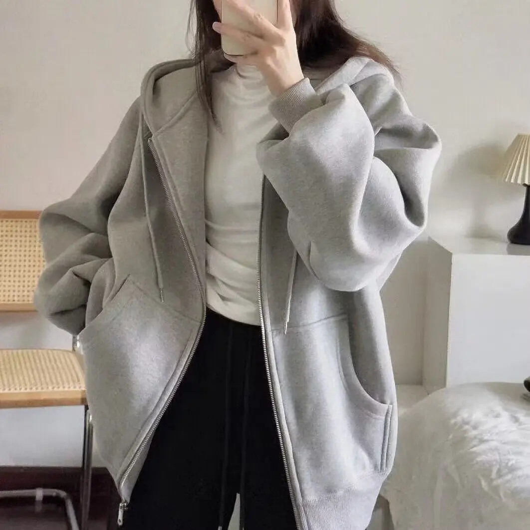 

Women's and Men's Autumn/Winter Zipper Hoodie 2024 Trendy Hoodie Solid Color Drawstring Versatile Plus Velvet Cardigan Top