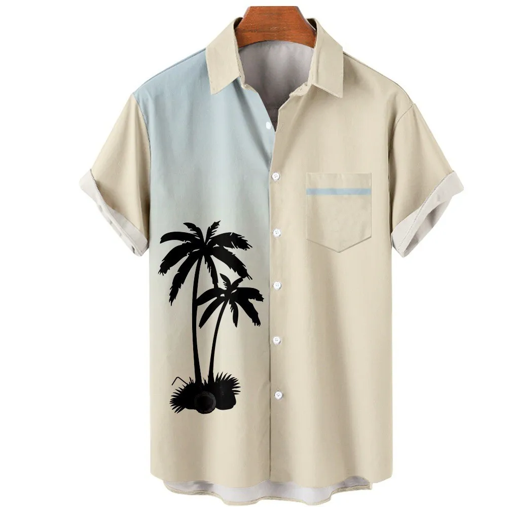 Harajuku keren mewah pohon kelapa 3D kemeja berkancing sebaris pria kasual blus wanita lengan pendek kemeja kerah lipat musim panas
