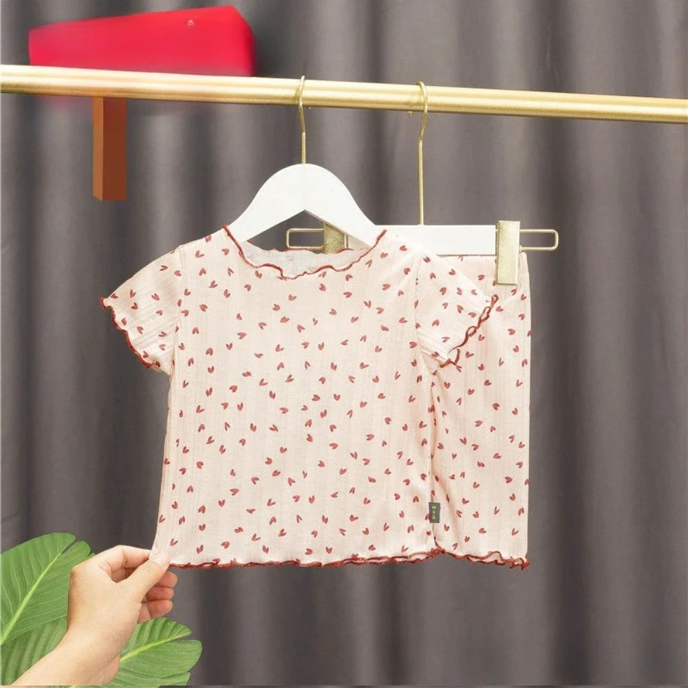 

Summer New Girls' Baby Pajamas Base Round Neck Floral Short Sleeved T-shirt+pants Set Daily Casual Kids Clothes 3-7 Years Old