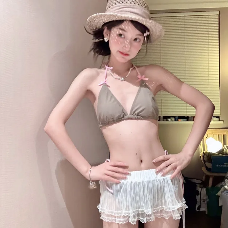 

Новый милый купальник-бикини с бантом и лямкой через шею, комплект из 4 предметов, женский, для создания образа соблазнительной девушки, раздельный купальник