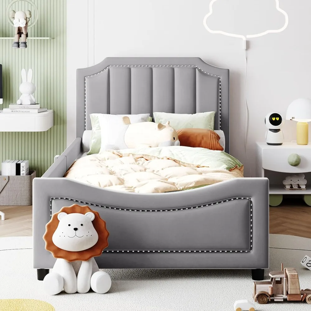 Gray Twin Size Bed Frame for Kids, Upholstered Twin Daybed with Classic Stripe Shaped Headboard, Velvet Twin Platform Bed