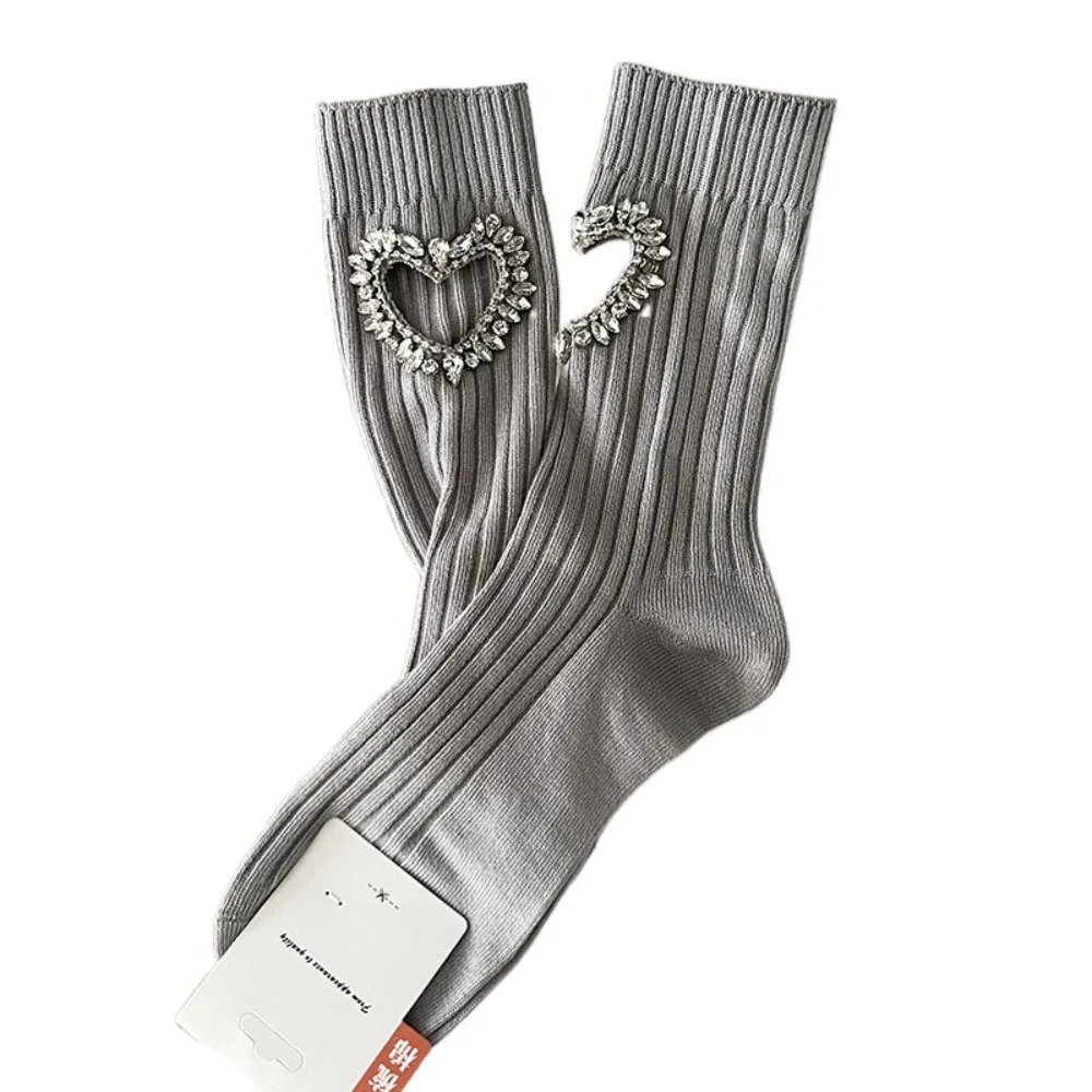 

Fashion JK Rhinestone Heart Socks Cotton Sweet Y2K Tube Socks Crystal Hosiery Mid-calf Socks Women Lolita