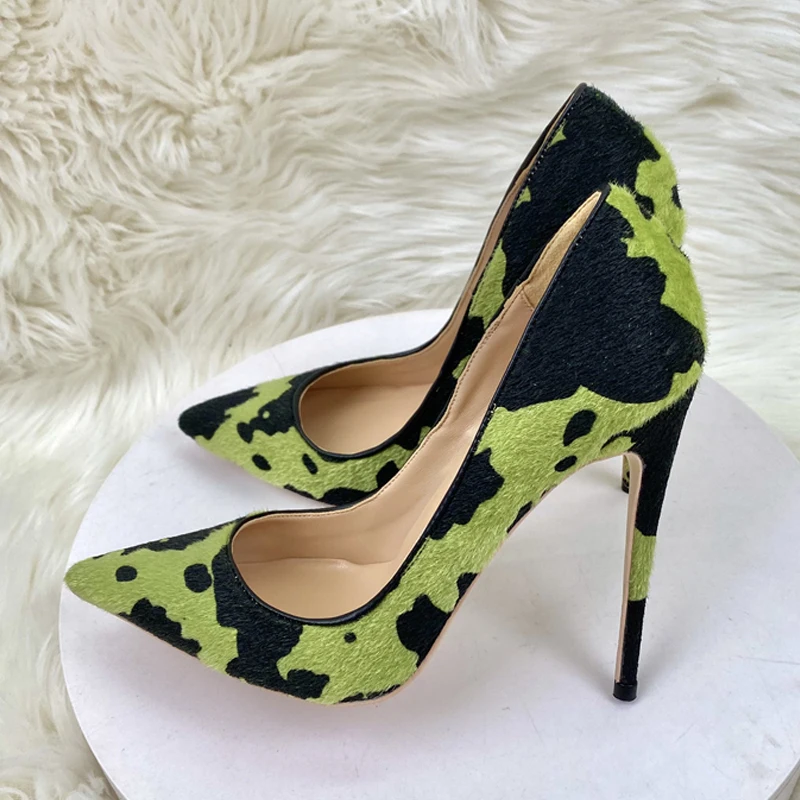 

Green black mixed colors cow pattern stilettos pointed toe 12cm 10cm 8cm high heels plus size 45 cozy women pumps RM031 ROVICIYA