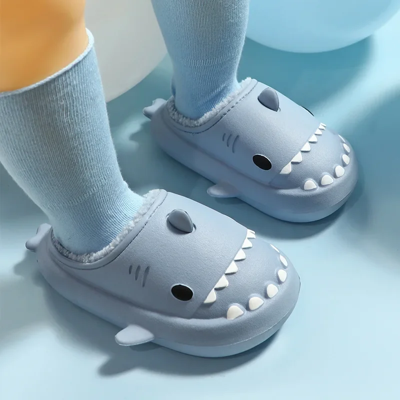 New Children Fur Shark Slippers For Kids Winter Warm Plush Fluffy Cartoon Cotton Slippers Outdoor Home Non-Slip Waterproof Shoes