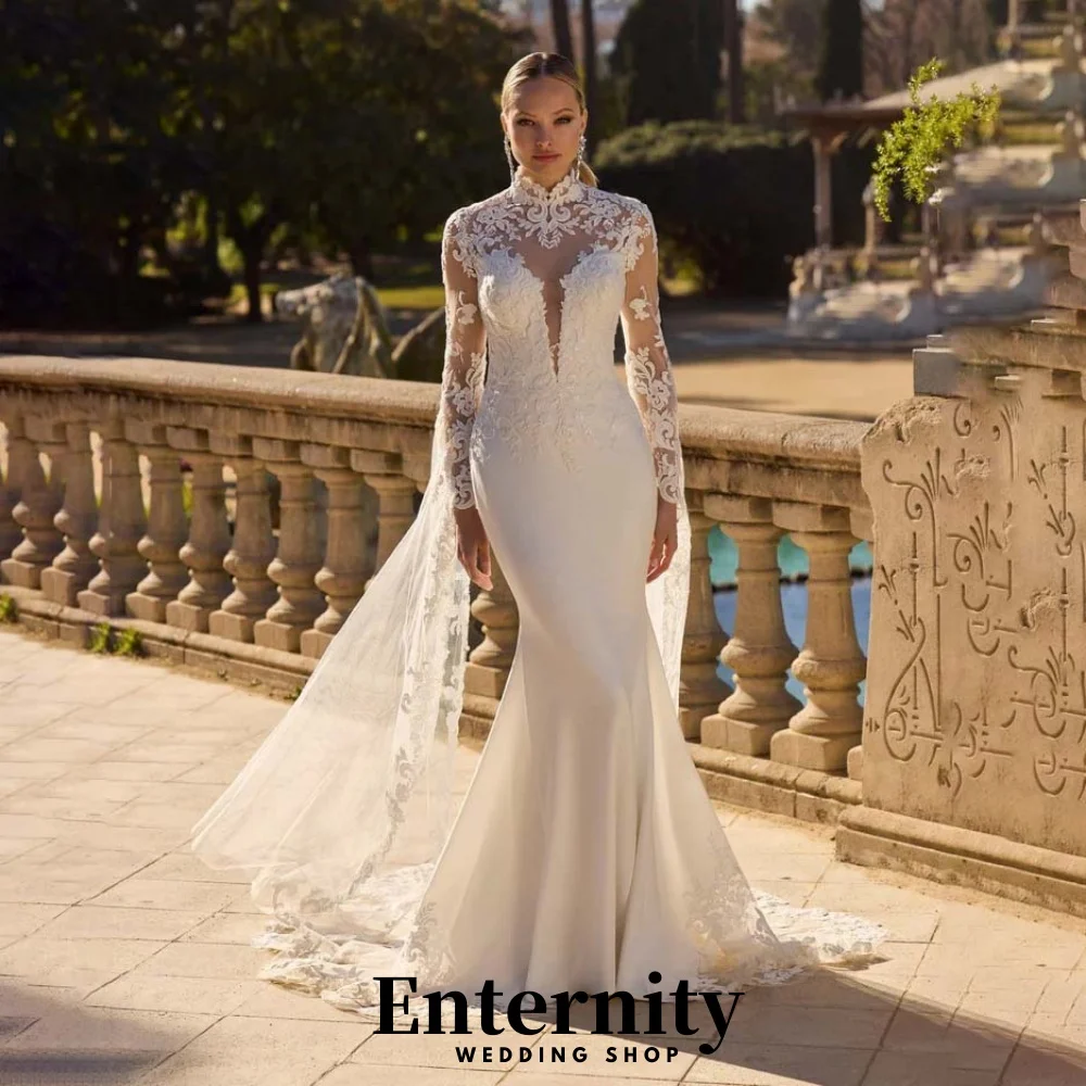 

Customized Elegant Lace Applique Wedding Dress Exquisite Long Sleeve Satin Bridal Gown Mermaid Wedding Gown Vestidos De Novia