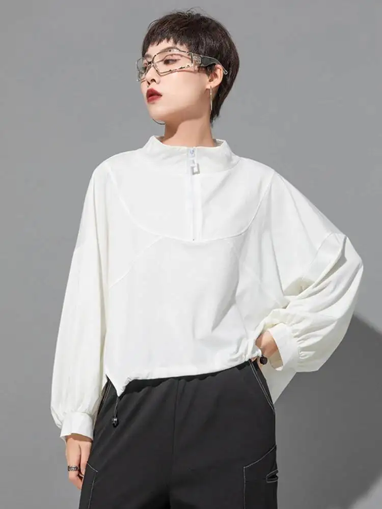 

Drawstring Women White Zipper Big Size Casual T-shirt New Stand Collar Long Sleeve Fashion Spring Autumn 2026 I2D0