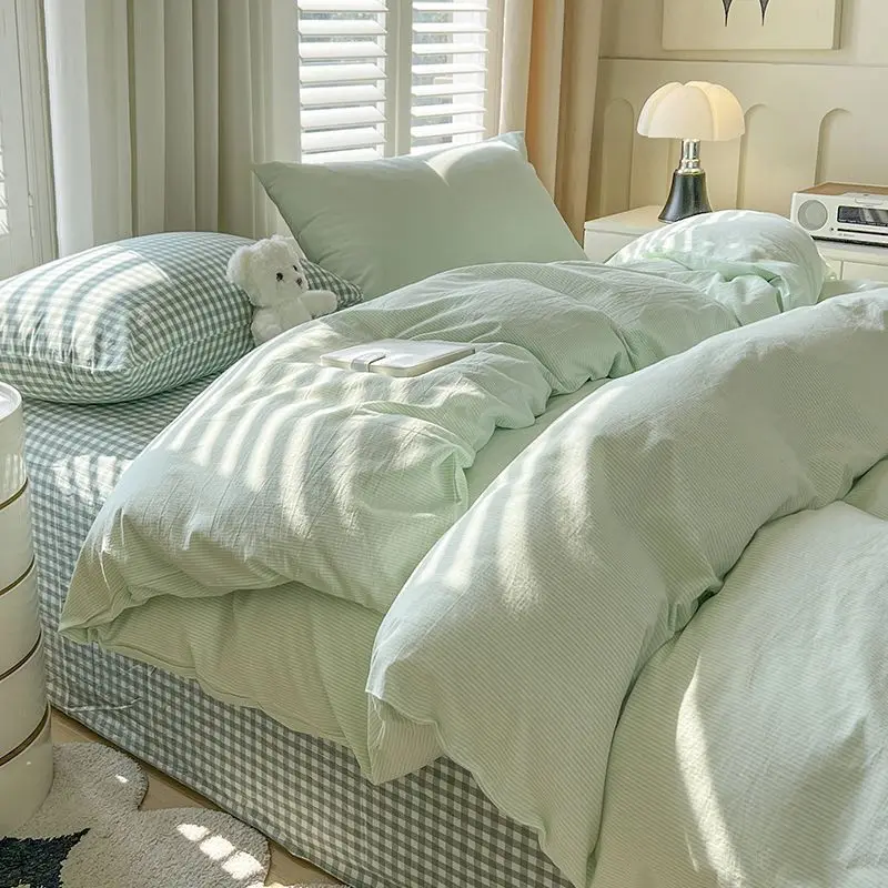 Ins Duvet Cover Set Green Strip Twin Queen Size Girls Boys Flat Sheet Pillowcase No Filler Fashion Home Hotel Bedding Set