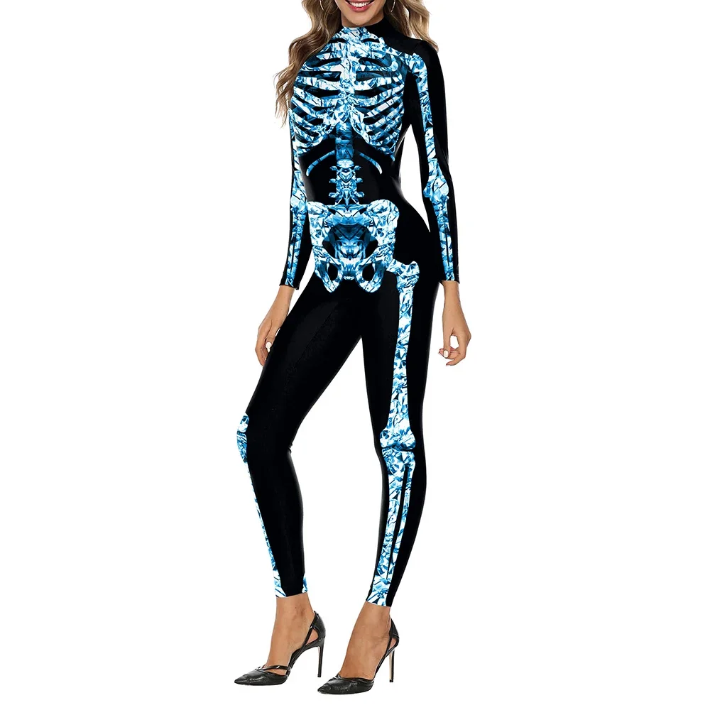 Carnival Funny Scary Skull Digital Printing Jumpsuit Bodysuit Women Halloween Cosplay Costume Holiday Party Neckerchief Catsuit