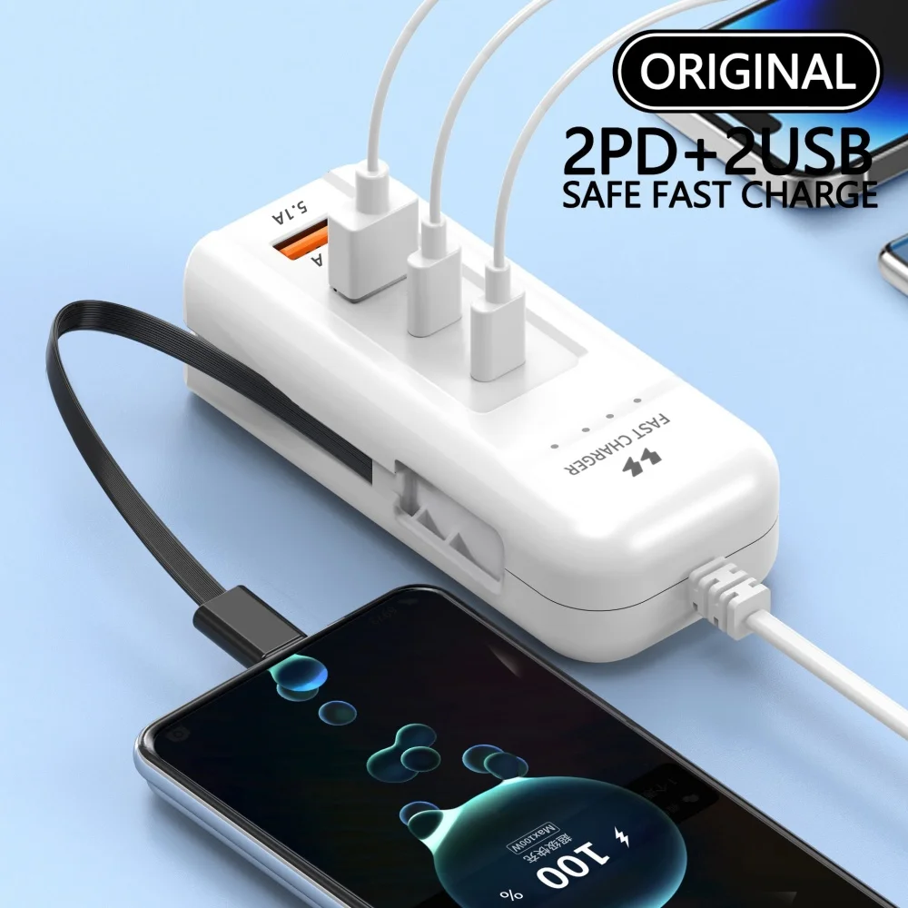 66W 4 Ports PD Fast Charging Wall USB Chargers USB Hub Adapter Mobile Phone EU US UK Plug Type C Extension Cable Socket Outlet