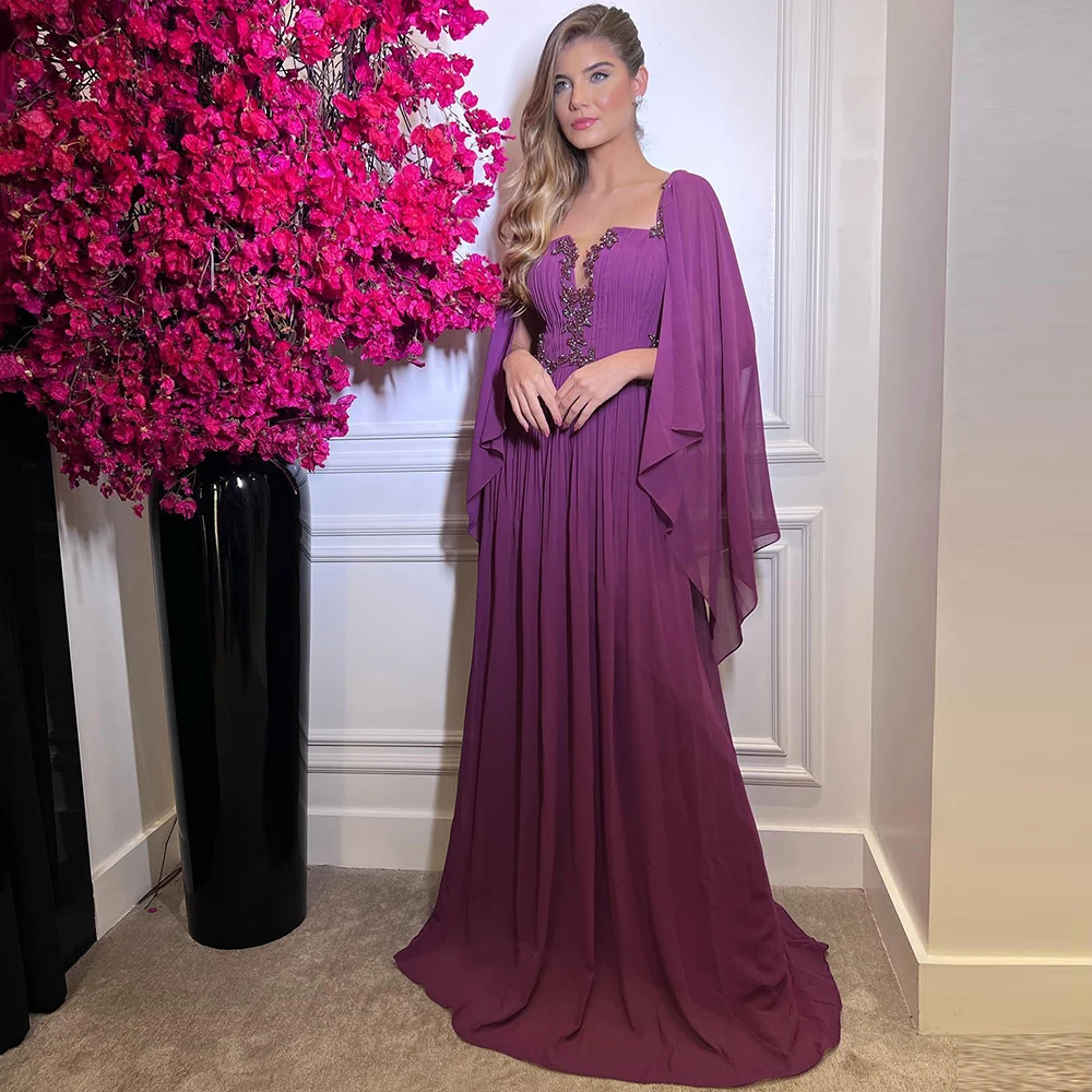 Elegant Long Chiffon Mother of the Bride Dresses with Sleeves Plus Size Purple Wedding Guest Gown Beaded Godmother Evening Dress